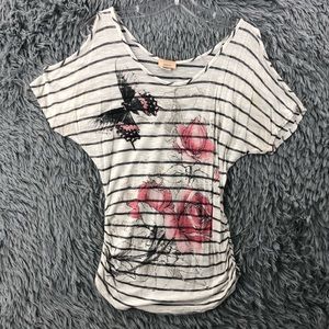 Cesem Shirt Womens Medium Soft Striped Cold Shoulder Butterfly Roses Rouche